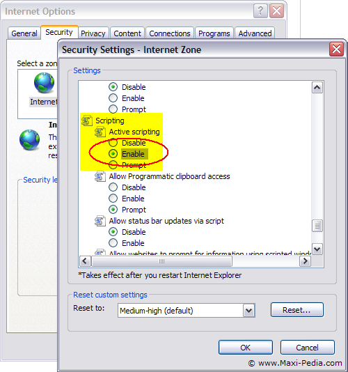 Internet Explorer setting - enable Active Scripting Internet Explorer setting - enable Active Scripting