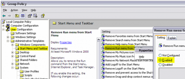 Group policy: Remove Run menu from Start menu