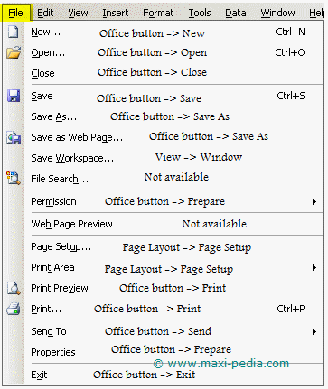 Excel 2003 FILE menu translated into Excel 2007