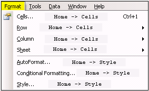 Excel 2003 FORMAT menu translated into Excel 2007 Excel 2003 FORMAT menu translated into Excel 2007