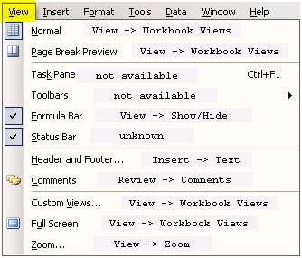 Excel 2003 VIEW menu translated into Excel 2007 Excel 2003 VIEW menu translated into Excel 2007