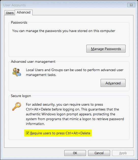 Require users to press Ctrl Alt Delete (Windows Vista logon screen)