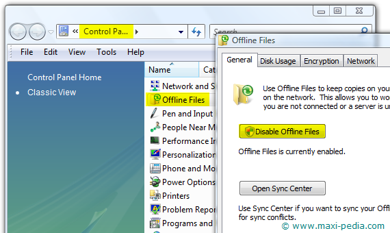 Click the Disable Offline Files icon. Disable offline files