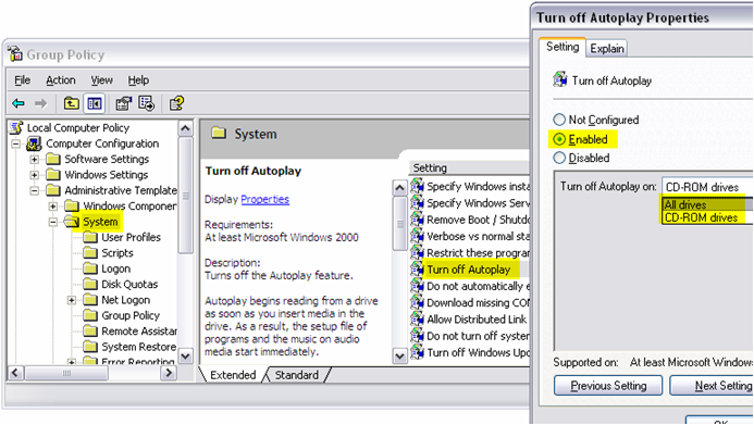 Disable autoplay autorun via group policy