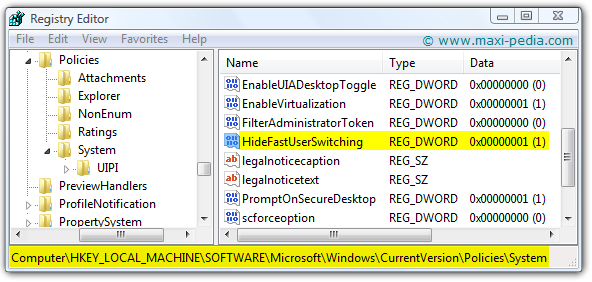 Windows 7 disable fast user switching