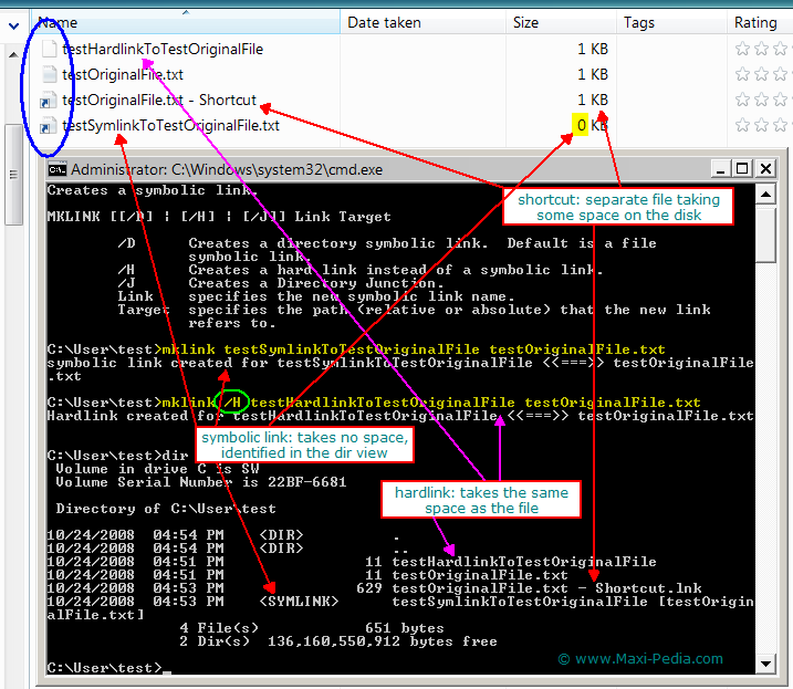 Mklink to create hard links and symbolic links